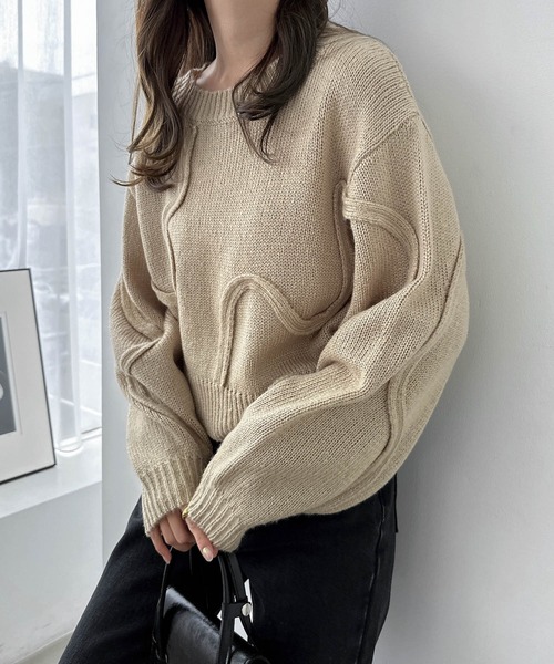 ニュアンス ウェーブ柄 ショート丈 ニット トップス セール】ニュアンスウェーブ柄ショート丈ニットトップス（ニット