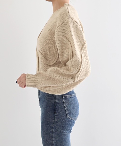 セール】ニュアンスウェーブ柄ショート丈ニットトップス（ニット