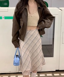 リボン付き チェック柄 シアー ミディアム スカート