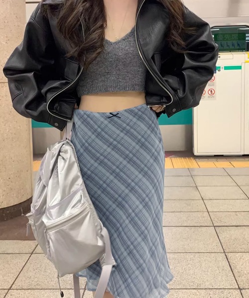 Lace Ladies（レースレディース）の「リボン付き チェック柄 シアー ミディアム  スカート（スカート・レディース・グレー/ベージュ・S/M/L/XL）」の4枚目の写真