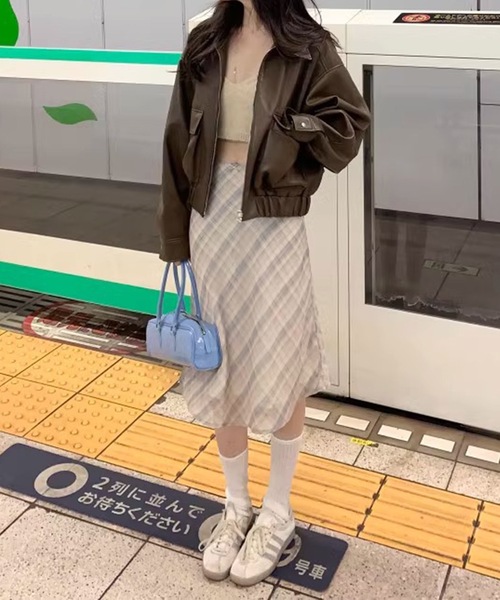 Lace Ladies（レースレディース）の「リボン付き チェック柄 シアー ミディアム  スカート（スカート・レディース・グレー/ベージュ・S/M/L/XL）」の9枚目の写真