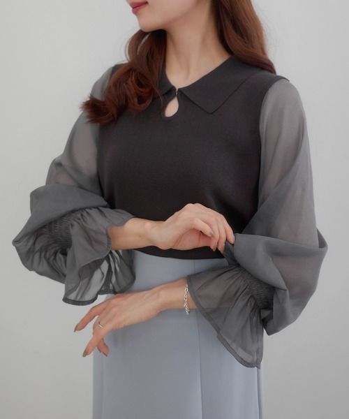 CENEA（セネア）の「シアーキャンディースリーブニット（ニット/セーター・レディース・チャコール/ホワイト/ブラック・MEDIUM/LARGE）」の9枚目の写真