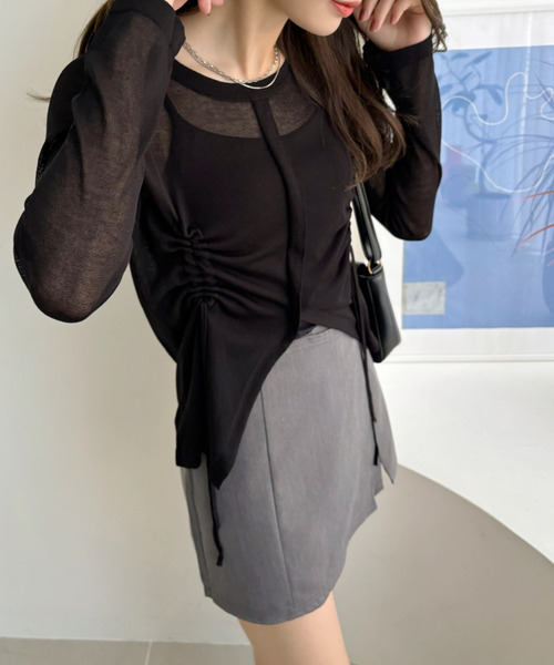 Ada.（エイダ）の「【春のレイヤードに最適】フロントスリット ドロストデザイン 長袖シアートップス（Tシャツ/カットソー・レディース・ホワイト/ブラック/ベージュ/ピンク/グレー/ライトブルー・M/L）」の12枚目の写真