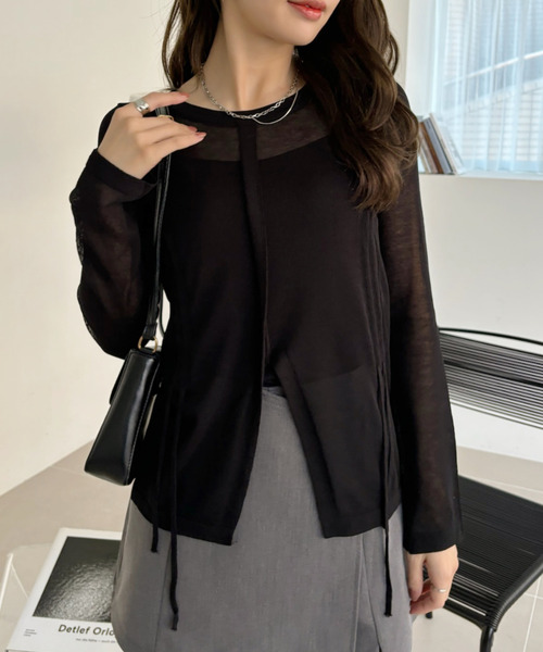 Ada.（エイダ）の「【春のレイヤードに最適】フロントスリット ドロストデザイン 長袖シアートップス（Tシャツ/カットソー・レディース・ホワイト/ブラック/ベージュ/ピンク/グレー/ライトブルー・M/L）」の11枚目の写真