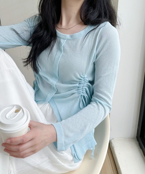 Ada.(エイダ)の「【春のレイヤードに最適】フロントスリット ドロストデザイン 長袖シアートップス(Tシャツ/カットソー・レディース・ホワイト/ブラック/ベージュ/ピンク/グレー/ライトブルー・M/L)」の9枚目の写真