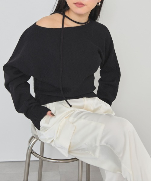 LinoU.(リノユー)の「リボン付きマルチwayニットトップス(ニット/セーター・レディース・ピンク/ブラック/アイボリー/ブルー/グレー・FREE)」の1枚目の写真