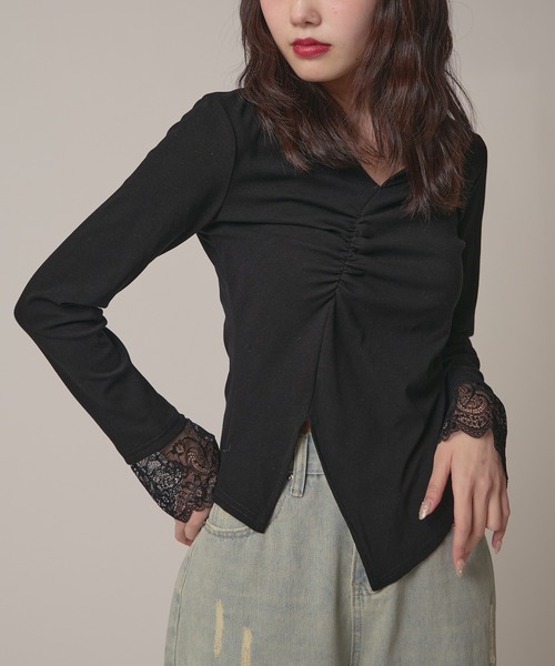 AO2(アオズ)の「▲Cuff Lace Front Gather Tops / 袖口レースフロントギャザートップス(Tシャツ/カットソー・レディース・グレー/ブラック/ホワイト・FREE)」の3枚目の写真