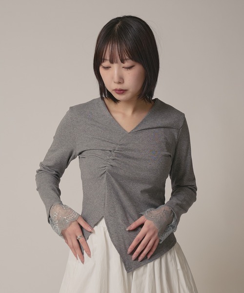 AO2(アオズ)の「▲Cuff Lace Front Gather Tops / 袖口レースフロントギャザートップス(Tシャツ/カットソー・レディース・グレー/ブラック/ホワイト・FREE)」の17枚目の写真