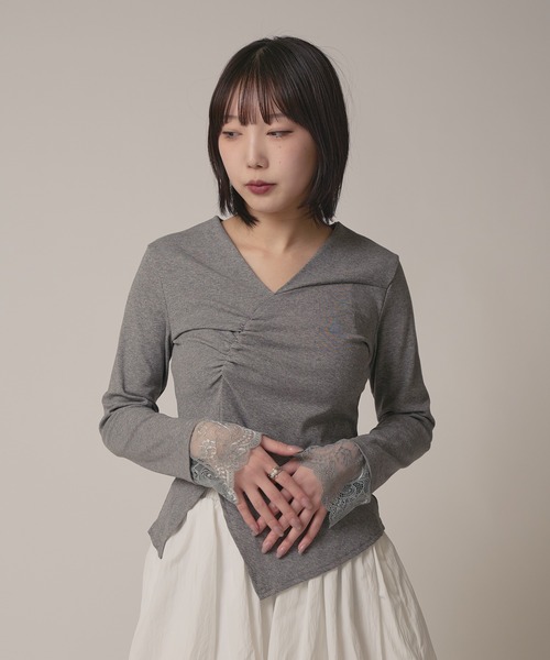 AO2(アオズ)の「▲Cuff Lace Front Gather Tops / 袖口レースフロントギャザートップス(Tシャツ/カットソー・レディース・グレー/ブラック/ホワイト・FREE)」の18枚目の写真