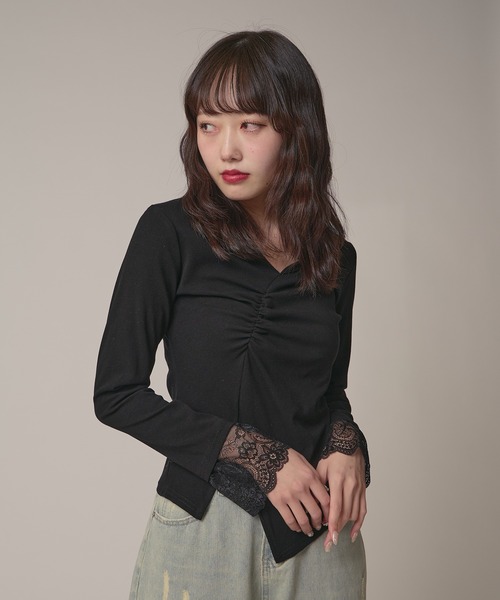 AO2(アオズ)の「▲Cuff Lace Front Gather Tops / 袖口レースフロントギャザートップス(Tシャツ/カットソー・レディース・グレー/ブラック/ホワイト・FREE)」の12枚目の写真
