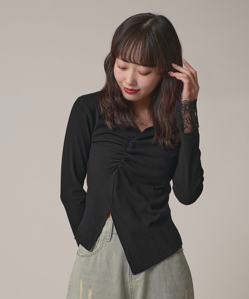 AO2(アオズ)の「▲Cuff Lace Front Gather Tops / 袖口レースフロントギャザートップス(Tシャツ/カットソー・レディース・グレー/ブラック/ホワイト・FREE)」の13枚目の写真