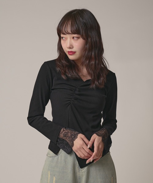 AO2(アオズ)の「▲Cuff Lace Front Gather Tops / 袖口レースフロントギャザートップス(Tシャツ/カットソー・レディース・グレー/ブラック/ホワイト・FREE)」の14枚目の写真
