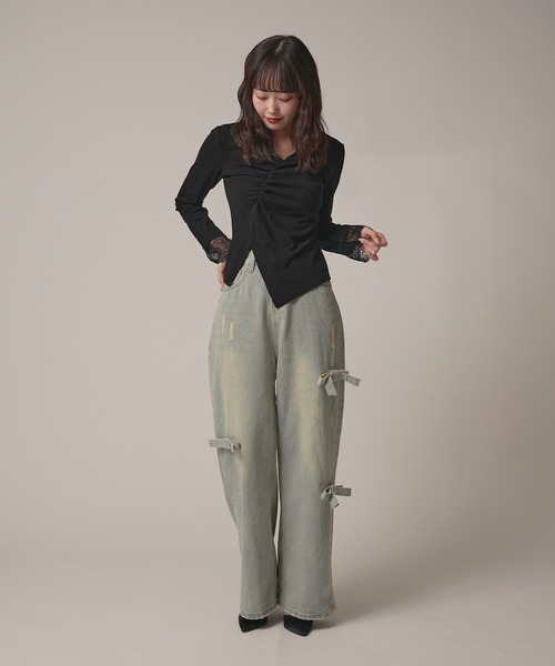 AO2(アオズ)の「▲Cuff Lace Front Gather Tops / 袖口レースフロントギャザートップス(Tシャツ/カットソー・レディース・グレー/ブラック/ホワイト・FREE)」の15枚目の写真