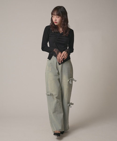 AO2(アオズ)の「▲Cuff Lace Front Gather Tops / 袖口レースフロントギャザートップス(Tシャツ/カットソー・レディース・グレー/ブラック/ホワイト・FREE)」の16枚目の写真