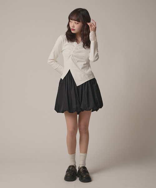 AO2(アオズ)の「▲Cuff Lace Front Gather Tops / 袖口レースフロントギャザートップス(Tシャツ/カットソー・レディース・グレー/ブラック/ホワイト・FREE)」の10枚目の写真
