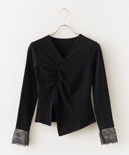 AO2(アオズ)の「▲Cuff Lace Front Gather Tops / 袖口レースフロントギャザートップス(Tシャツ/カットソー・レディース・グレー/ブラック/ホワイト・FREE)」の11枚目の写真