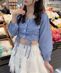 【大好評につき新色追加！お気に入り数1.1万人突破！】ギンガムチェックドロストスクエアネックブラウス
