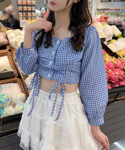 Mejoul（メジュール）の「【大好評につき新色追加！お気に入り8500突破】ギンガムチェックドロストスクエアネックブラウス（シャツ/ブラウス・レディース・ブラック/ブルー/ホワイト系その他/ブラック系その他・L/M/S）」の4枚目の写真