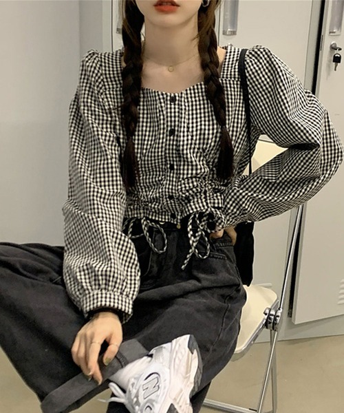 Mejoul（メジュール）の「【大好評につき新色追加！お気に入り8500突破】ギンガムチェックドロストスクエアネックブラウス（シャツ/ブラウス・レディース・ブラック/ブルー/ホワイト系その他/ブラック系その他・L/M/S）」の6枚目の写真