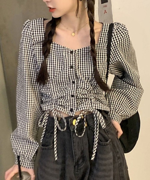 Mejoul（メジュール）の「【大好評につき新色追加！お気に入り8500突破】ギンガムチェックドロストスクエアネックブラウス（シャツ/ブラウス・レディース・ブラック/ブルー/ホワイト系その他/ブラック系その他・L/M/S）」の7枚目の写真