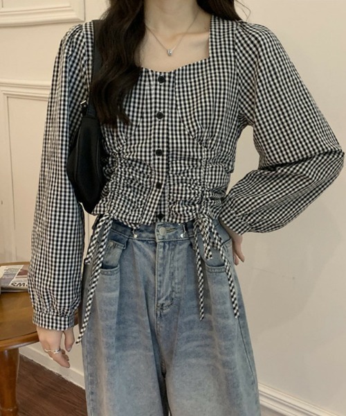 Mejoul（メジュール）の「【大好評につき新色追加！お気に入り8500突破】ギンガムチェックドロストスクエアネックブラウス（シャツ/ブラウス・レディース・ブラック/ブルー/ホワイト系その他/ブラック系その他・L/M/S）」の8枚目の写真