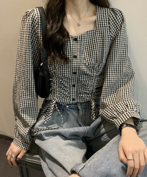 Mejoul（メジュール）の「【大好評につき新色追加！お気に入り8500突破】ギンガムチェックドロストスクエアネックブラウス（シャツ/ブラウス・レディース・ブラック/ブルー/ホワイト系その他/ブラック系その他・L/M/S）」の10枚目の写真