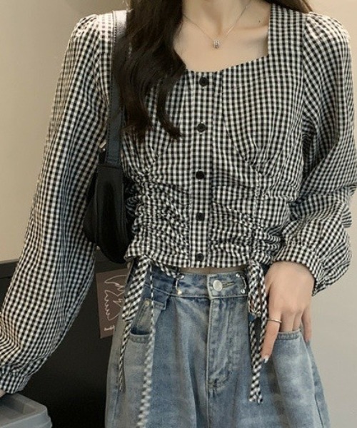 Mejoul（メジュール）の「【大好評につき新色追加！お気に入り8500突破】ギンガムチェックドロストスクエアネックブラウス（シャツ/ブラウス・レディース・ブラック/ブルー/ホワイト系その他/ブラック系その他・L/M/S）」の11枚目の写真
