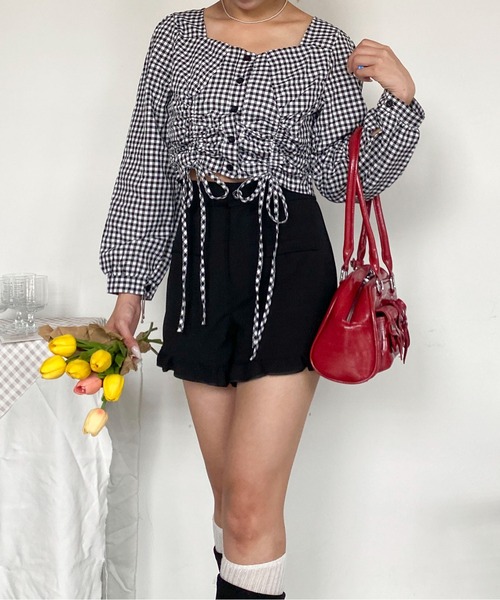 Mejoul（メジュール）の「【大好評につき新色追加！お気に入り8500突破】ギンガムチェックドロストスクエアネックブラウス（シャツ/ブラウス・レディース・ブラック/ブルー/ホワイト系その他/ブラック系その他・L/M/S）」の13枚目の写真
