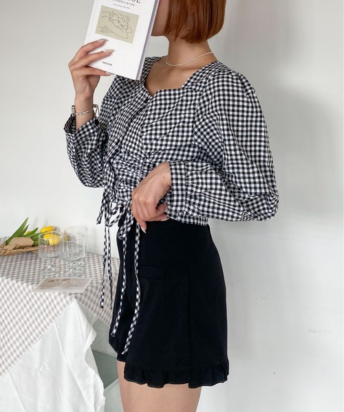 Mejoul（メジュール）の「【大好評につき新色追加！お気に入り8500突破】ギンガムチェックドロストスクエアネックブラウス（シャツ/ブラウス・レディース・ブラック/ブルー/ホワイト系その他/ブラック系その他・L/M/S）」の19枚目の写真