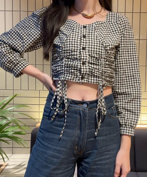 Mejoul（メジュール）の「【大好評につき新色追加！お気に入り8500突破】ギンガムチェックドロストスクエアネックブラウス（シャツ/ブラウス・レディース・ブラック/ブルー/ホワイト系その他/ブラック系その他・L/M/S）」の17枚目の写真