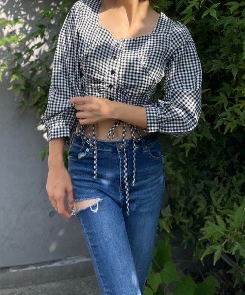 Mejoul（メジュール）の「【大好評につき新色追加！お気に入り8500突破】ギンガムチェックドロストスクエアネックブラウス（シャツ/ブラウス・レディース・ブラック/ブルー/ホワイト系その他/ブラック系その他・L/M/S）」の14枚目の写真