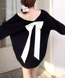 バックリボンVネックチュニックニット