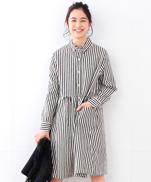 BEAMS BOY（ビームスボーイ）の「BEAMS BOY / ネル切替 ロングスリーブ（シャツワンピース・レディース・ホワイト/インディゴブルー/ネイビー・ONE SIZE）」の2枚目の写真