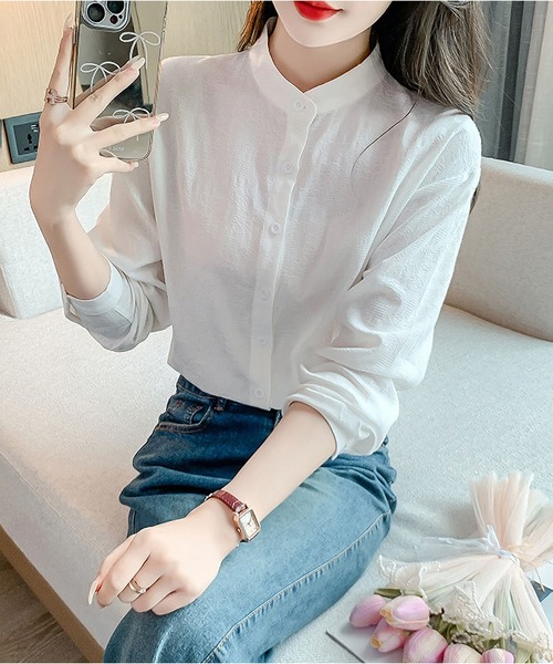 BLANC FICELLE（ブランフィセル）の「折柄　スタンドカラー　シャツ（シャツ/ブラウス・レディース・サックスブルー/ピンク/ホワイト・S/M/L）」の9枚目の写真