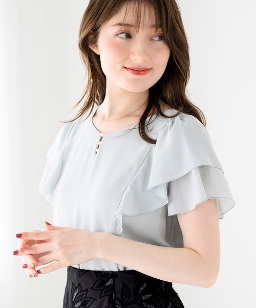 MISCH MASCH（ミッシュマッシュ）の「パールダブルフリル袖ブラウス（シャツ/ブラウス・レディース・ブラック/ブルー/ラベンダー/ホワイト/ライトグリーン・ﾌﾘ-）」の7枚目の写真
