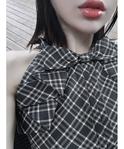darich ダーリッチ GRY リボンチェックノースリブラウス リボンチェックノースリブラウス – Darich