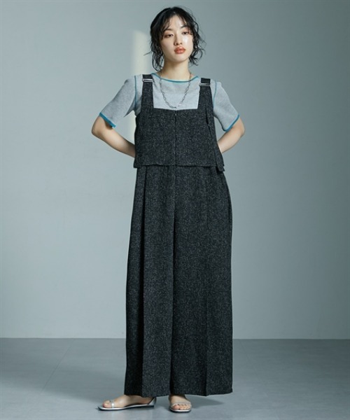 Soiunique（スワユニーク）の「サマーツイード素材ドレープサロペットワイドパンツ ［Soiunique］（つなぎ/オールインワン・レディース・ブラック/グレー・FREE）」の2枚目の写真