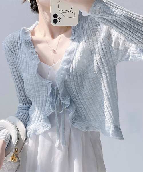 Miniministore(ミニミニストア)の「【7カラー展開】フリルボレロ 薄手ニットカーディガン春夏(カーディガン/ボレロ・レディース・ベージュ/イエロー×グリーン/ラベンダー/ピンク/オフホワイト/ブラック/ライトブルー・FREE)」の1枚目の写真