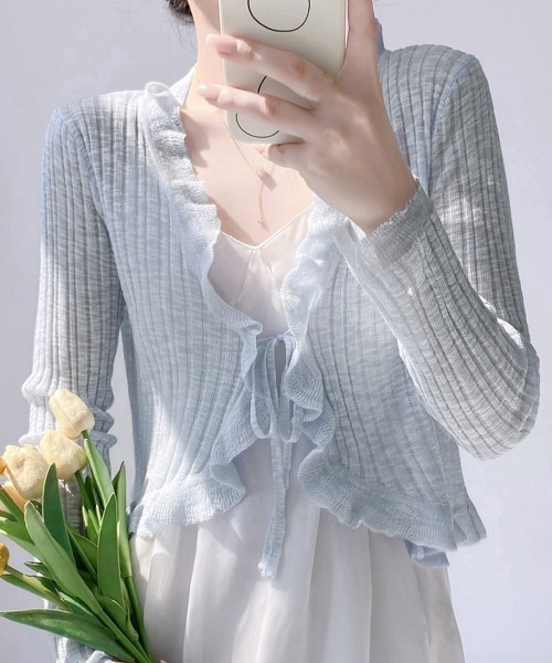 Miniministore(ミニミニストア)の「【7カラー展開】フリルボレロ 薄手ニットカーディガン春夏(カーディガン/ボレロ・レディース・ベージュ/イエロー×グリーン/ラベンダー/ピンク/オフホワイト/ブラック/ライトブルー・FREE)」の8枚目の写真