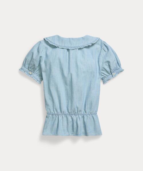 セール】インディゴ コットン シャンブレー ペプラム トップ（シャツ