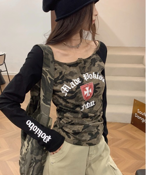 DIAVEL（ディアベル）の「【期間限定セール】Y2Kレイヤード風プリントトップス（Tシャツ/カットソー・レディース・グリーン/ライトグレー/ブラック・M）」の3枚目の写真