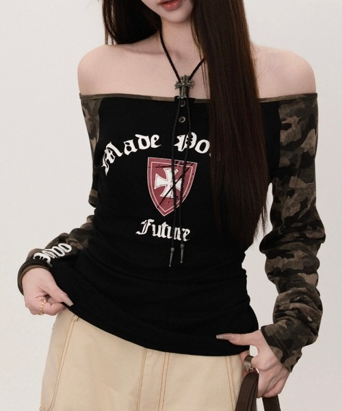 DIAVEL（ディアベル）の「【期間限定セール】Y2Kレイヤード風プリントトップス（Tシャツ/カットソー・レディース・グリーン/ライトグレー/ブラック・M）」の4枚目の写真
