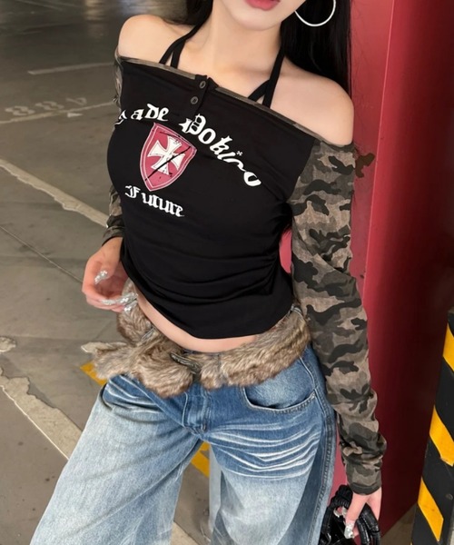 DIAVEL（ディアベル）の「【期間限定セール】Y2Kレイヤード風プリントトップス（Tシャツ/カットソー・レディース・グリーン/ライトグレー/ブラック・M）」の10枚目の写真
