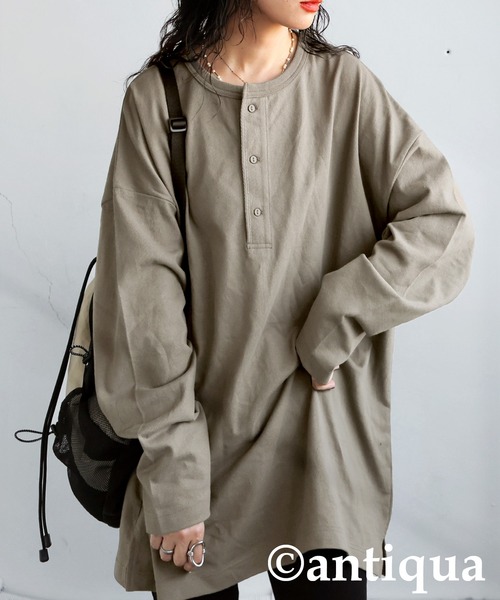 antiqua(アンティカ)の「ヘンリーネックバスクロンT(Tシャツ/カットソー・レディース・アッシュグレー/ネイビー/ホワイト/カーキ/ブラック・R/P)」の4枚目の写真
