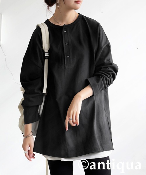 antiqua(アンティカ)の「ヘンリーネックバスクロンT(Tシャツ/カットソー・レディース・アッシュグレー/ネイビー/ホワイト/カーキ/ブラック・R/P)」の2枚目の写真