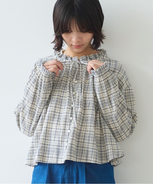 bulle de savon（ビュルデサボン）の「△ちぢみcheck ブラウス（シャツ/ブラウス・レディース・キナリ/ピンク・FREE）」の2枚目の写真