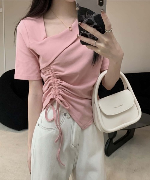 MAISON DE THERESE（メゾン ド テレーズ）の「紐ギャザー半袖Tシャツ（Tシャツ/カットソー・レディース・ホワイト/ピンク/ブラック・M）」の4枚目の写真