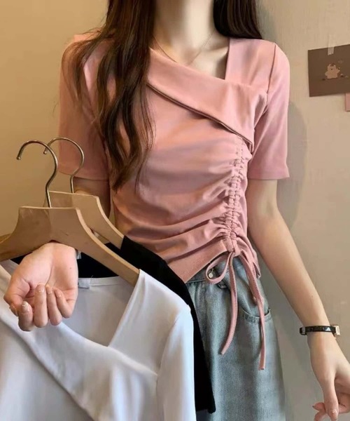 MAISON DE THERESE（メゾン ド テレーズ）の「紐ギャザー半袖Tシャツ（Tシャツ/カットソー・レディース・ホワイト/ピンク/ブラック・M）」の6枚目の写真