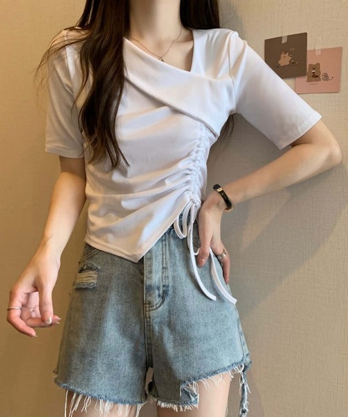 MAISON DE THERESE（メゾン ド テレーズ）の「紐ギャザー半袖Tシャツ（Tシャツ/カットソー・レディース・ホワイト/ピンク/ブラック・M）」の9枚目の写真