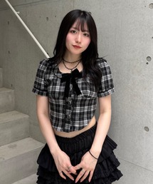Lae（レイ）の「チェック柄リボンブラウス（Tシャツ/カットソー）」